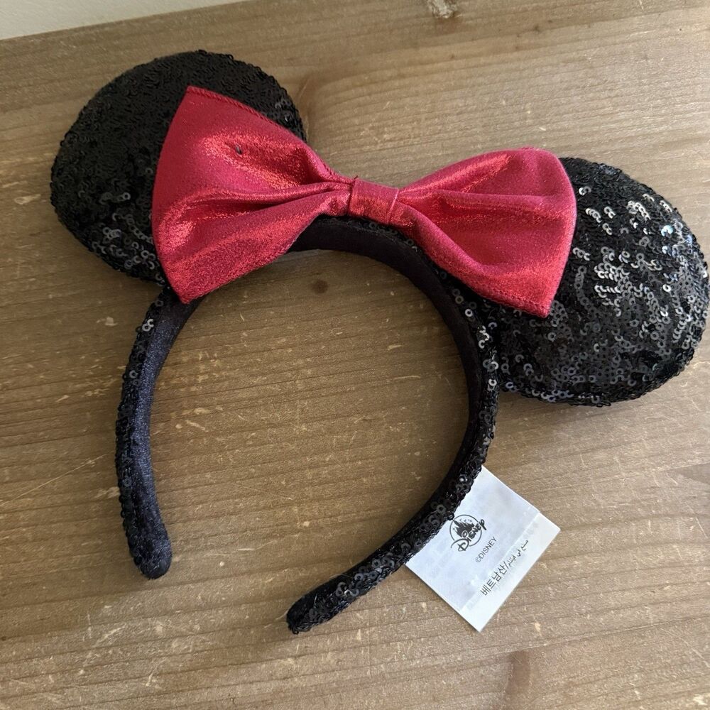 Disney Parks Minnie Mouse Ears Headband Costume Party Red Black Sequin USA